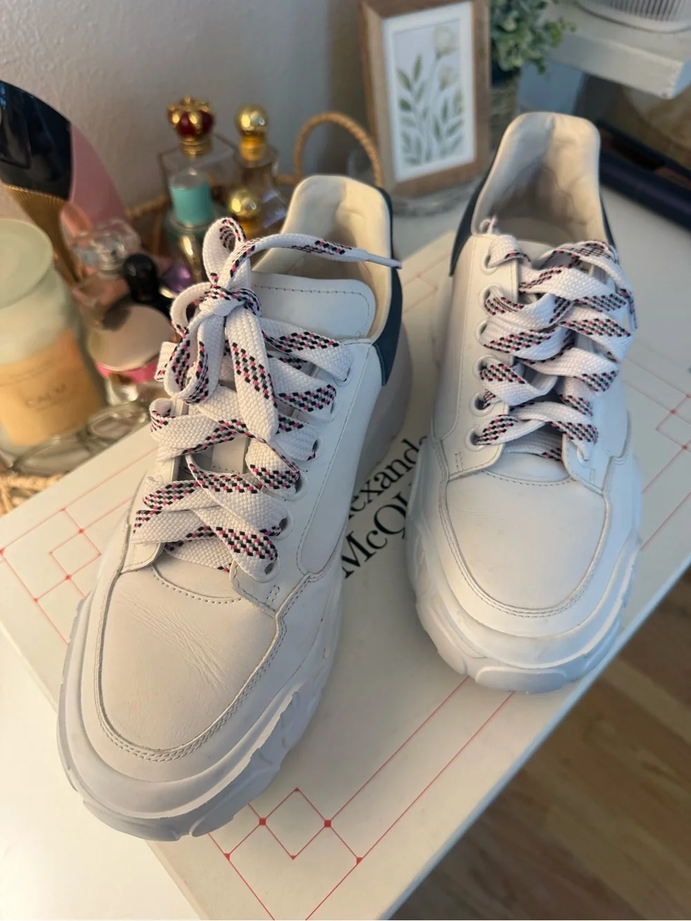 White Women's Chunky Lace-Up Sneakers with Pink
